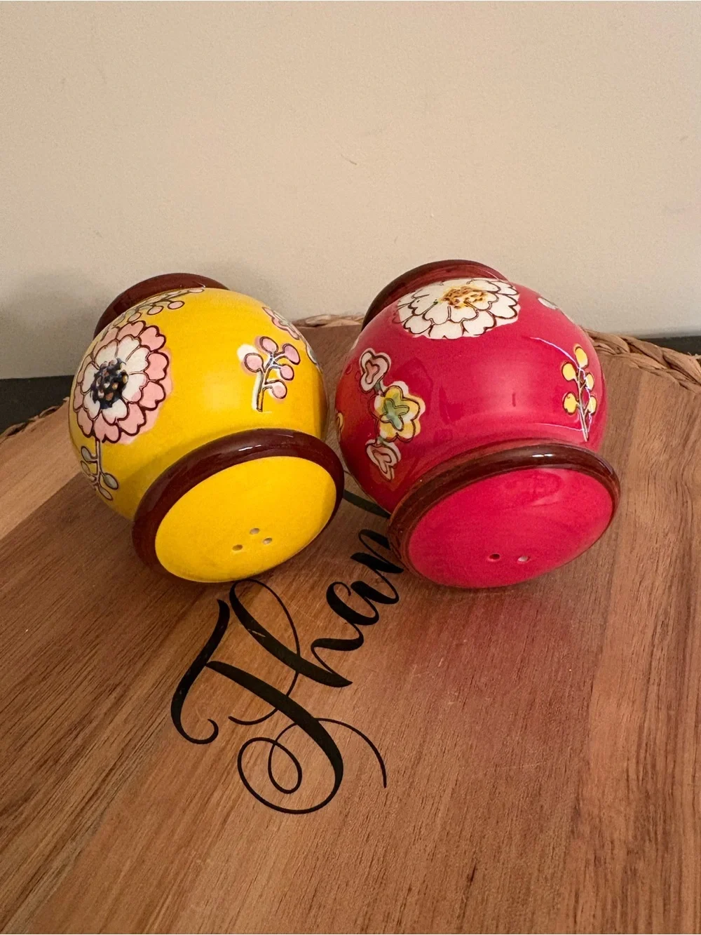 Pier 1 Hand-Painted Yellow and Red Floral Salt & Pepper Shakers